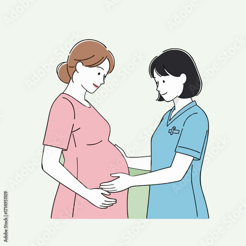 A compassionate nurse provides prenatal care, gently examining the expectant mother's abdomen, symbolizing the journey of pregnancy and maternal well-being
