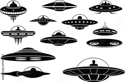 Black and white UFO illustrations, flying saucer designs, alien spacecraft icons, retro sci‑fi spaceships, extraterrestrial vehicle silhouettes, space exploration concept 