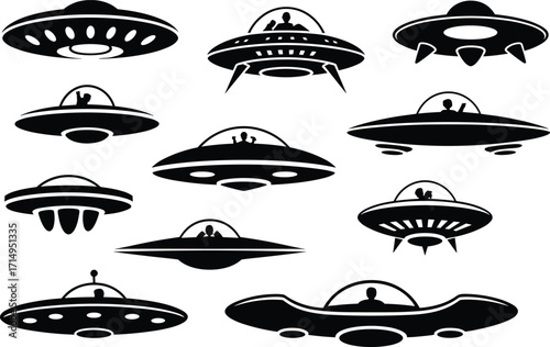 Black and white UFO silhouettes, alien spacecraft icons, retro flying saucer designs, sci‑fi spaceship illustrations, extraterrestrial vehicle art, space exploration concept