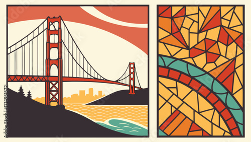 Golden gate bridge san francisco california landmark scenic view and stained glass mosaic art design