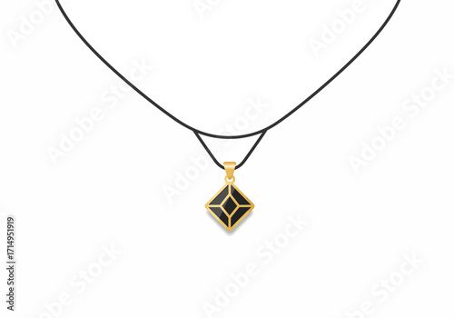 A black and gold rhombus pendant necklace with a cord is centered on a white background