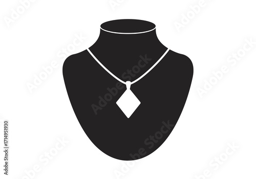 A black mannequin with a white necklace featuring a diamondshaped pendant