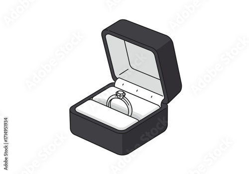 A black jewelry box is open to reveal a silver ring with a diamond setting against a white background