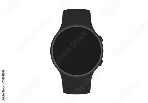 A black smartwatch with a round screen and black band sits isolated on a white background