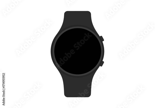 A black smartwatch features a round screen  wristband with 2 buttons on the right side
