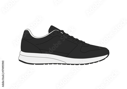 A black sneaker with white sole is displayed against a white background