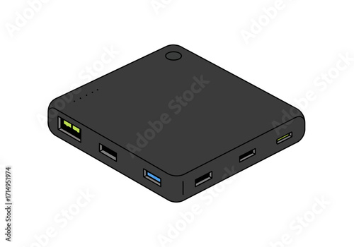 A black square device with multiple ports and indicators