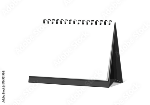 A blank calendar with spiral binding stands on a black base