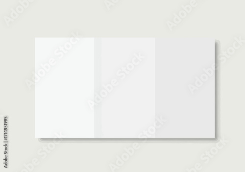 A blank horizontally oriented trifold brochure on a neutraltoned surface casting a slight shadow