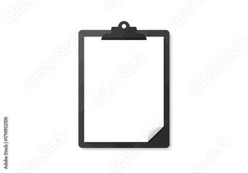 A clipboard with a curled paper corner black frame and white background