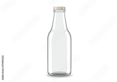 A colorless glass bottle with a cap is positioned centrally