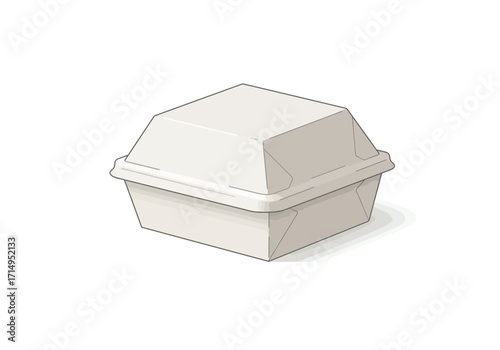 A closed square white styrofoam takeout container sitting on a white background