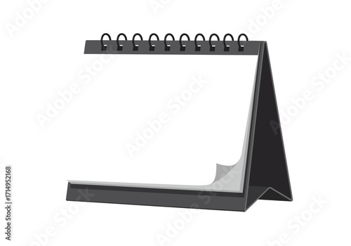 A desk calendar with a metal spiral binding rests on a gray base one white page turned