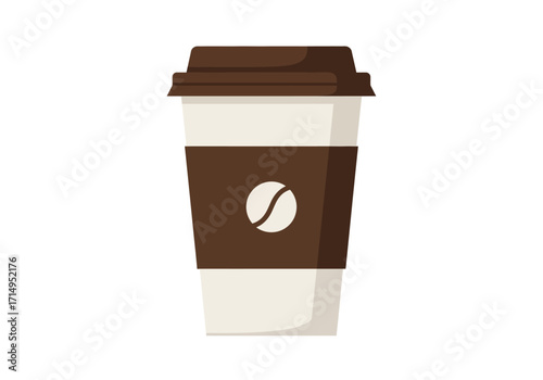A disposable coffee cup with a brown lid and a brown band with a coffee bean design