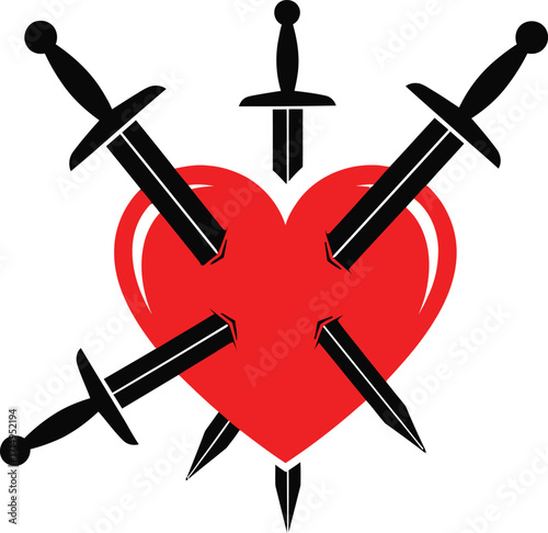Heartbreak emotional pain and suffering. Heart pierced by multiple swords.