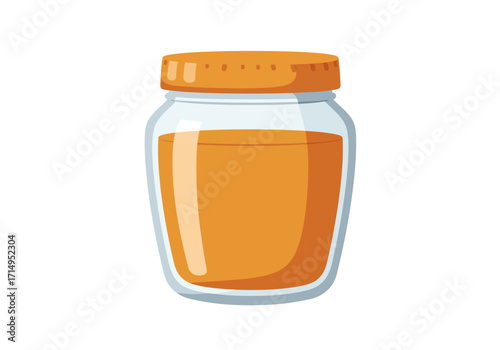 A jar of orange liquid with a lid is shown on a white background