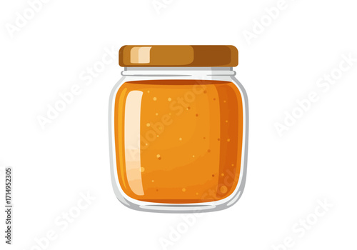 A jar of orange jam with a brown lid standing on a white background