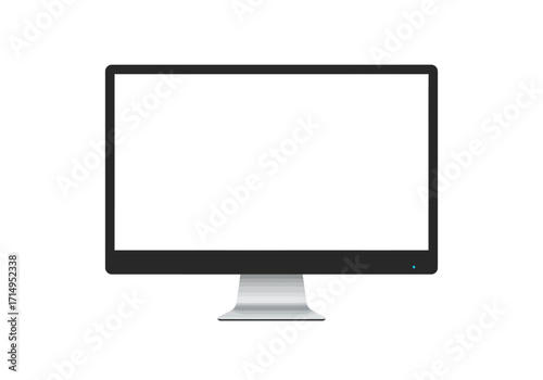 A modern monitor with a large blank white screen and a silver stand isolated against a white background