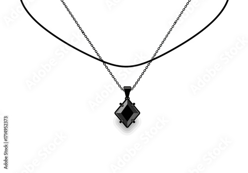A necklace featuring a dark diamondshaped pendant with a chain and a simple cord above