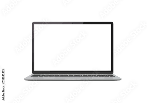 A silver laptop frontfacing with a blank white screen and visible keyboard