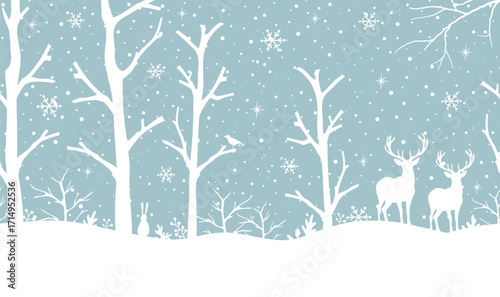 Winter Forest Seamless Border. Christmas Background. Winter Woods with Animals, Trees, Snowflakes, Snow. White Silhouettes. Template. Stencil. Vector Illustration on Light Blue Background