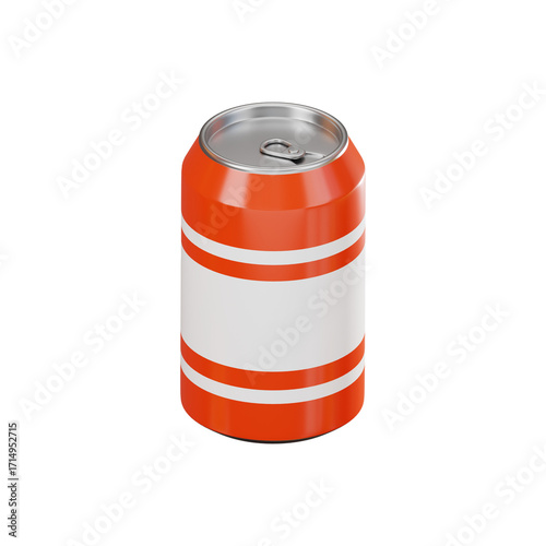 Orange soda can with white label and red stripes isolated for refreshment drinks