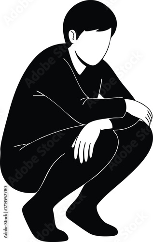 Minimalist black silhouette of man squatting in contemplative pose vector illustration for lifestyle design and creative projects