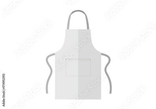 A white apron with gray straps  a squared pocket is centered on a white backdrop