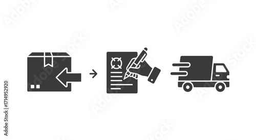 Shipping Process Icons: Box Signature and Delivery Truck.