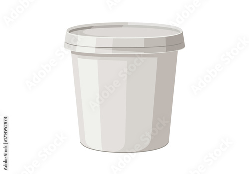 A white container with a lid sits on a white surface
