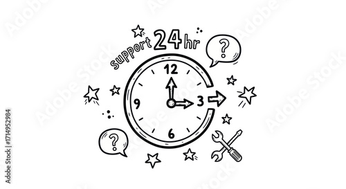 24-7 Support Clock with Doodle Elements.