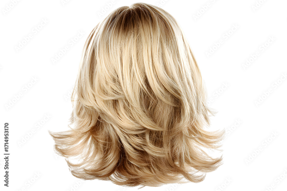 Naklejka premium A blonde layered hairstyle with a dark root showing on a black background in a studio shot