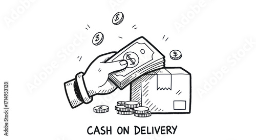 Hand-drawn sketch of Cash on Delivery showing a hand paying with money for a package.