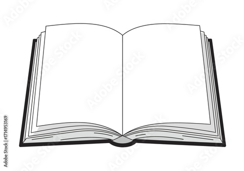 An open book with blank pages sits centered showing its pages and spine