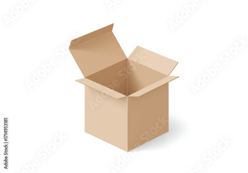 An open square brown cardboard box stands on a white surface flaps unfolded
