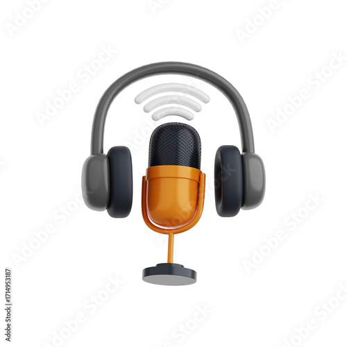3d modern microphone with headphones and wi-fi signal broadcasting audio for podcasting