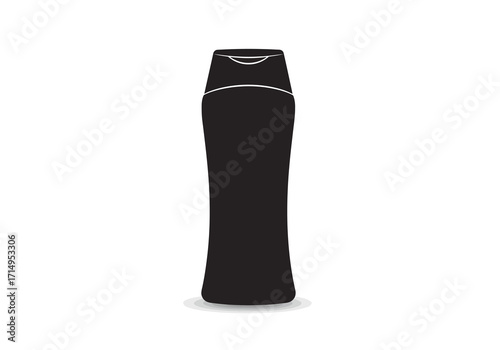 Black plastic bottle with a hinged fliptop cap sitting on a white surface with a soft shadow beneath