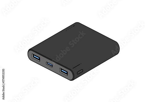 Black power bank with USB ports indicator lights and rounded corners is shown