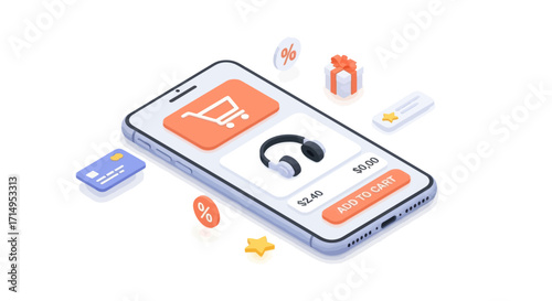 Isometric Smartphone Displaying Online Shopping Interface and Elements.