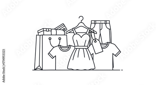Line art illustration of clothing items including a dress shirts pants and shopping bag.