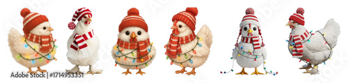 Christmas chicken set including cute chicks and adult hens dressed in winter attire isolated. Festive farm animal collection.