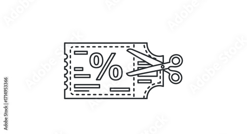 Simple line art icon of scissors cutting a promotional discount coupon with a percentage symbol.