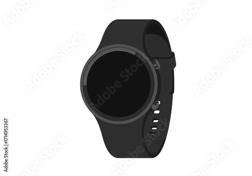 Black smartwatch featuring a round screen and matching strap on a white backdrop
