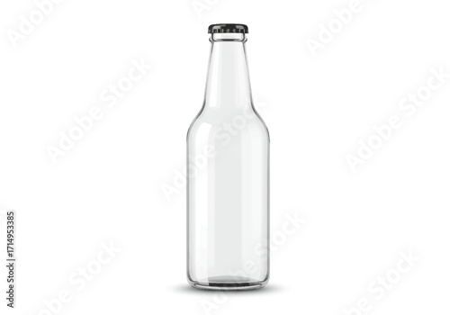 Clear glass bottle dark cap narrow neck cylindrical body slight shadow