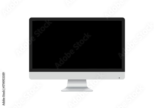 Computer monitor showing a blank black screen sitting on a gray stand on a white background