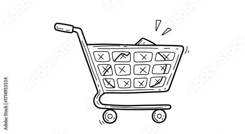 Hand-drawn shopping cart doodle with items inside black and white sketch illustration.