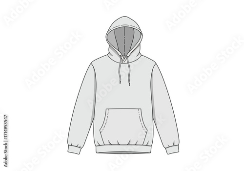 Gray hooded sweatshirt with a kangaroo pocket and drawstring