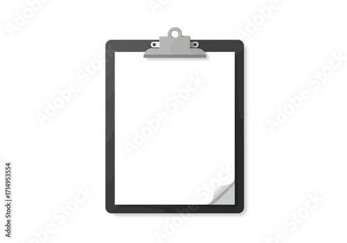 Gray clipboard with silver clip blank white paper showing bottom corner is on it