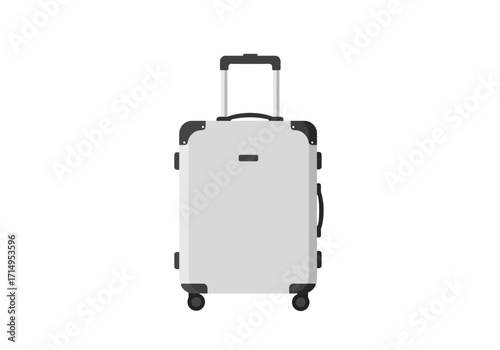 Gray suitcase with a black handle and wheels on a white background
