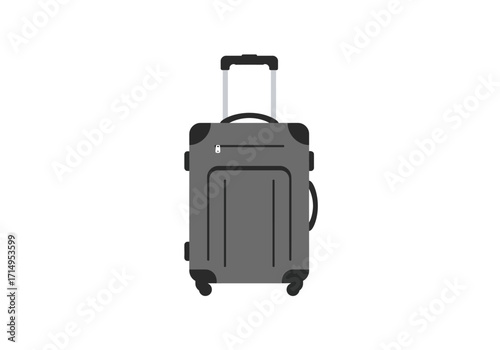 Gray luggage with a black handle and wheels stands upright